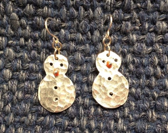 Silver Recycled aluminium Snowman earrings. Light weight and non tarnish