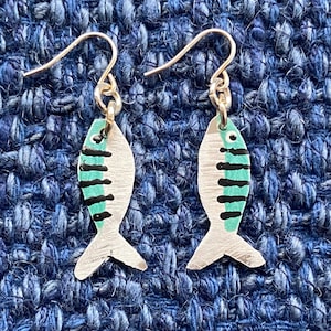 Silver Recycled aluminium Mackerel earrings. Non tarnish and light weight.