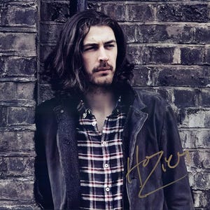 Puede incluir: Un retrato de una persona con cabello largo y oscuro y barba, vistiendo una chaqueta oscura sobre una camisa de cuadros rojos, blancos y negros. La imagen presenta una firma dorada que dice Hozier escrita en la parte inferior derecha.