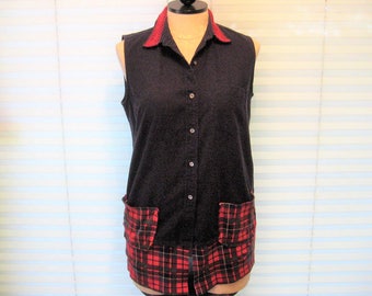 Navy blue and red plaid tunic, upcycled summer shirt, lace color, refashioned clothes, boho shirt, bohemian tunic, size large, 12