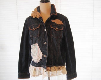 Lace doily jean jacket, upcycled jean jacket, repurposed refashioned, boho chic jean jacket, bohemian jacket, medium to large