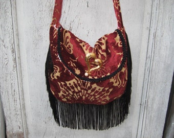 Dark Red slouchy chenille fabric handbag, hand made fabric purse, crossbody bag, long black fringe, bohemian gypsy hippie boho bag, OOAK