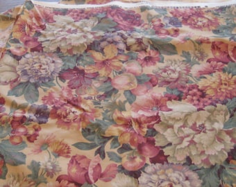 Vintage cotton floral fabric, beige background with large flowers fruits purple red green, John Wolf thick upholstery pillow home dec fabric