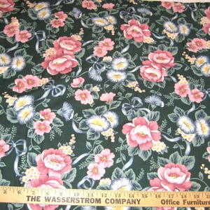 Vintage cotton dark green pink floral fabric, 33 x 36 inches, 4.5 yards available, romantic garden, cabbage roses flowers light blue