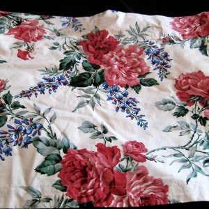 Vintage window valance, pink, blue waverly fabric, Sweet Brier, cabbage roses, floral fabric, 1980s, cotton chintz, unfinished