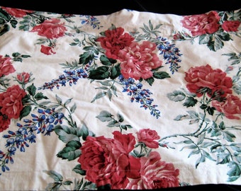 Vintage window valance, pink, blue waverly fabric, Sweet Brier, cabbage roses, floral fabric, 1980s, cotton chintz, unfinished