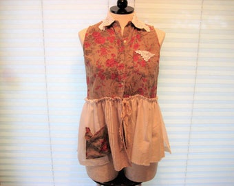 Beige red boho top, upcycled summer shirt, lace tunic top, button down shirt, bohemian shirt, gypsy tunic, size 12, large, floral top