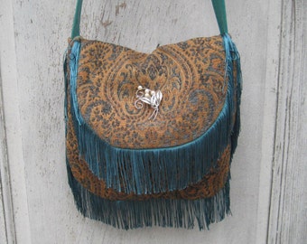 Teal Chenille fabric purse, turquoise boho crossbody bag, hand made fabric purse, gypsy boho bag, fringe bag, hippie bohemian, OOAK