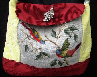 Vintage needlepoint handbag, bird purse, red yellow blue hand made fabric purse, crossbody, gypsy bag, hippie, boho, bohemian purse, OOAK