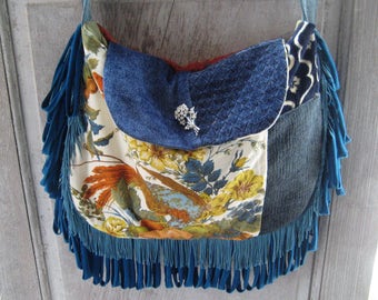 Blue teal crossbody bag, exotic peacock bird purse, fringed gypsy bag, boho purse, bohemian, hippie purse, hand made vintage fabric bag,OOAK