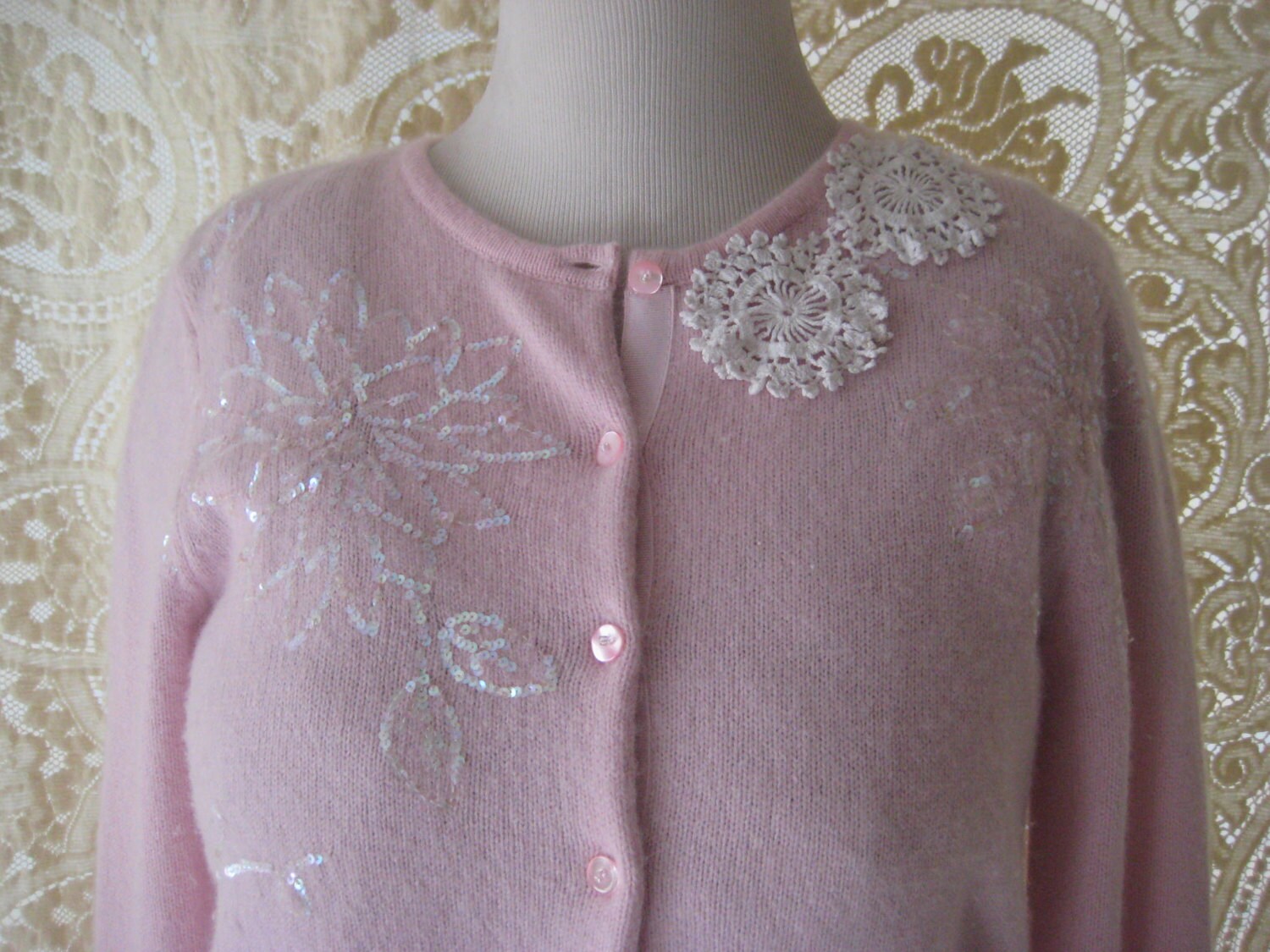 Shabby Lace Cardigan Sweater Pink Doily Cardigan Angora | Etsy