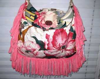 Vintage barkcloth purse, gypsy fringe bag, pink floral purse, summer purse, boho crossbody bag, hand made vintage fabric purse, bohemian bag