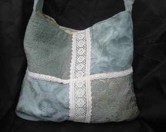 Aqua blue handbag, light blue slouchy patchwork purse, boho bag, bohemian crossbody, gypsy, vintage fabric hand made purse, tapestry, hobo
