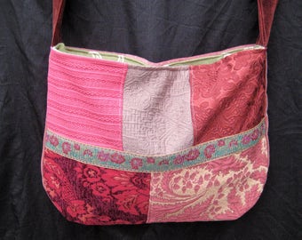 Patchwork pink tapestry purse, large gypsy bag, boho bohemian bag, market purse, hand made vintage fabric purse, crossbody bag, OOAK