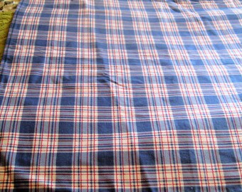 Vintage Cotton plaid fabric, light blue, red, white, medium thick, upholstery, pillows home decor, 51 x 87 inch panel, 2.5 yards
