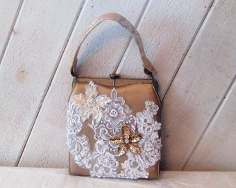 Antique leather and lace handbag, beige white top handle bag, sequins pearls formal purse, brides purse, bridal lace, Nicholas Reich, OOAK