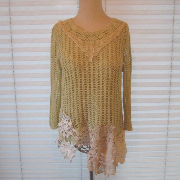Crochet tunic sweater, doily sweater, pale lime green sweater, altered couture, upcycled sweater, boho chic, tattered lace sweater, medium