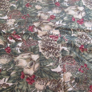 Christmas cotton fabric, floral, large magnolias, moss hunter green, cranberry red, gold, white