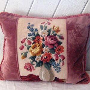 OOAK purple velvet pillow floral square Eggplant needlepoint pillow tassle fringe repurposed large slouchy hand made pillow upcycled