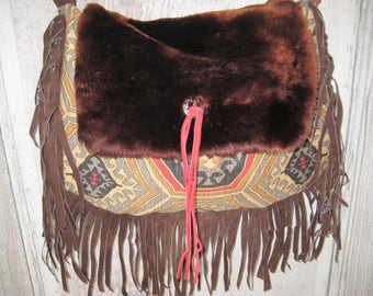Southwestern purse, hand made bag, real brown fur bag, genuine fur crossbody purse, fringed purse, hippie boho bohemian bag, gypsy purse
