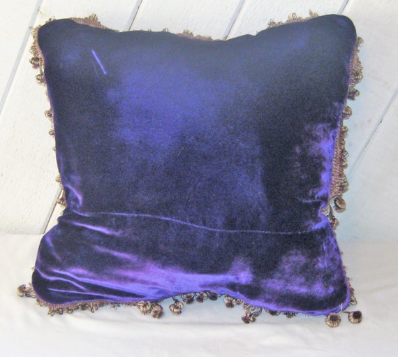 OOAK purple velvet pillow floral square Eggplant needlepoint pillow tassle fringe repurposed large slouchy hand made pillow upcycled