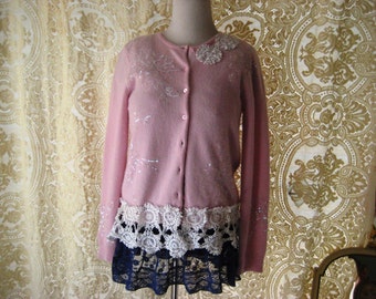 Shabby lace cardigan sweater, pink doily cardigan, angora cardigan, boho chic, romantic sweater, medium