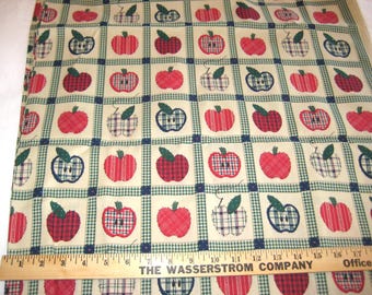 Vintage cotton apple fabric, beige red green, plaid checked faux hand stitching geometric squares, 7.5 yards available, 1980s thin cotton