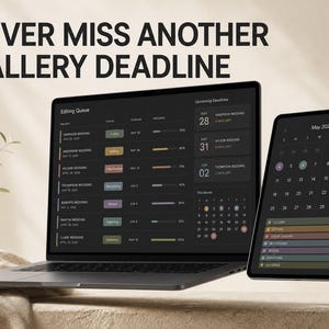 May include: A laptop and a tablet displaying a project management interface with the text NEVER MISS ANOTHER GALLERY DEADLINE. The screens show an editing queue, upcoming deadlines, and a May 2025 calendar with color-coded status bars.