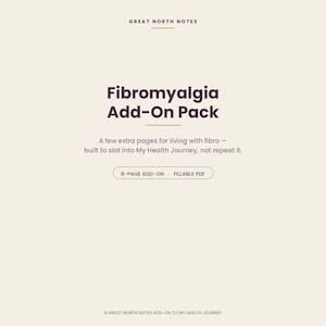 Op de afbeelding: Een digitaal document getiteld Great North Notes Fibromyalgia Add-On Pack. De tekst luidt: A few extra pages for living with fibro — built to slot into My Health Journey, not repeat it. Het bevat een 8-page add-on fillable PDF label.