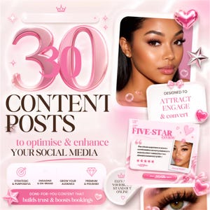 May include: A digital marketing graphic featuring the text 30 CONTENT POSTS to optimise & enhance YOUR SOCIAL MEDIA. It includes a portrait of a person, a five-star review box, pink heart and star icons, and labels for strategic, engaging, and premium content.
