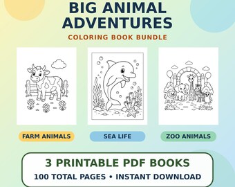 Pacchetto di libri da colorare "Big Animal Adventures" in PDF, con fattoria, vita marina e zoo, 3 download / Mucca affascinante