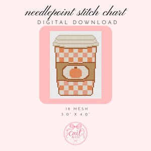 Peut inclure: Un modèle de point de canevas en téléchargement numérique représentant une tasse à café à carreaux dans des tons pêche et blanc avec une icône de citrouille. Le texte indique needlepoint stitch chart, DIGITAL DOWNLOAD, 18 MESH, 7,6 cm x 10,2 cm, Cait & Co.