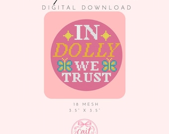 ドリー・パートンのニードルポイント図案「In Dolly We Trust」 – ニードルポイントキャンバス用デジタルステッチ図案 | PDF（デジタルダウンロード）