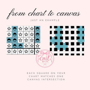 以下が含まれることがあります： from chart to canvas、just an example、each square on your chart matches one canvas intersectionというテキストが記載されたニードルポイントの解説図。星と円の記号が並ぶグリッドと、黒と白のメッシュキャンバスが示されています。