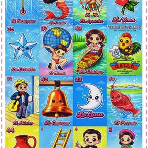Puede incluir: Un tablero de juego de Lotería con doce ilustraciones coloridas de estilo caricatura, numeradas y con etiquetas en español. La cuadrícula muestra personajes y objetos que incluyen un paraguas, sirena, arquero, rosa, estrella, globo terráqueo, barco, gallo, músico, campana, luna, pescado, cantarito, escalera, hombre con traje y una mujer.