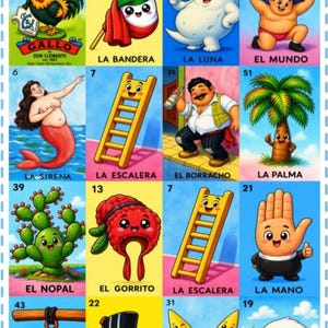 May include: A Loteria Cachetongitos game board featuring a grid of sixteen colourful cartoon illustrations. Each square displays a numbered character or object with its Spanish name, including a rooster, flag, moon, globe, mermaid, ladder, and bell.