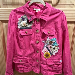 Classic Pink Denim Jean Jacket with Handsewn Lace, Roses and Nostalgic Patchwork
