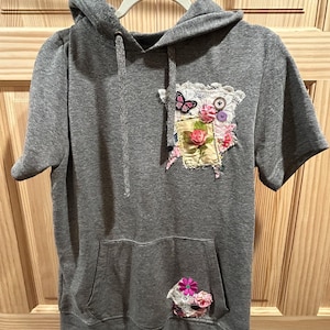 Custom made Grey Hooded Sweatshirt with Handsewn Butterflies, Roses, Lace and Nostalgic Angel Patchwork.