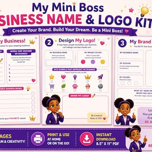 Op de afbeelding: Een driedelige printbare My Mini Boss Business Name & Logo Kit met secties voor het benoemen van een bedrijf, het ontwerpen van een logo en het afronden van de branding. De pagina's bevatten aanwijzingen, vakjes en illustraties.