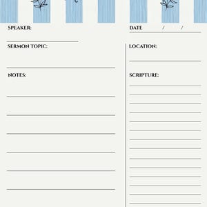 May include: A sermon notes template featuring a top header with blue and white vertical stripes and black leaf illustrations. The text reads SERMON NOTES. Below are fields for SPEAKER, DATE, SERMON TOPIC, LOCATION, NOTES, and SCRIPTURE with lines.