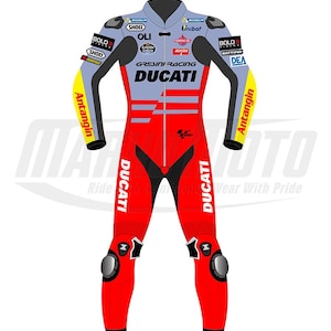 May include: A red, light blue, and yellow racing suit featuring the Ducati and Gresini Racing logos. The suit includes various sponsor branding such as Shoei, Michelin, Antangin, and Estrella Galicia, with a central zip and knee sliders.