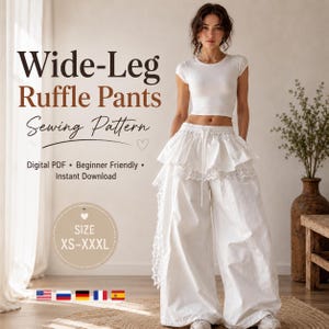 May include: White wide-leg pants featuring a ruffled waist detail, a drawstring closure, and lace trim along the hem. The image includes text: Wide-Leg Ruffle Pants Sewing Pattern, Digital PDF, Beginner Friendly, Instant Download, Size XS-XXXL.