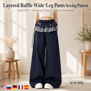 May include: Layered Ruffle Wide-Leg Pants Sewing Pattern Digital PDF Beginner Friendly Instant Download. Navy blue wide-leg pants featuring a layered ruffle waistband with a black and white gingham check pattern and a side tie. Sizes XS to XXXL.