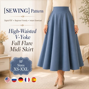 May include: A blue high-waisted midi skirt with a V-yoke and full flare. The text on the image reads [SEWING] Pattern, Digital PDF, Beginner Friendly, Instant Download, High-Waisted V-Yoke Full Flare Midi Skirt, and Sizes XS-XXL.