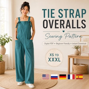 May include: Teal tie strap overalls with wide legs and two front pockets. The text reads: TIE STRAP OVERALLS Sewing Pattern, Digital PDF, Beginner Friendly, Instant Download, XS TO XXXL. Includes icons of the American, Russian, German, French, and Spanish flags.