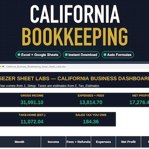 California Bookkeeping Spreadsheet for Etsy Sellers, CA LLC Tax and Sales Tax Tracker, Schedule C Expense Template, Excel Google Sheets