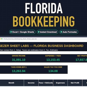 Florida Bookkeeping Spreadsheet for Small Business, FL Sales Tax Tracker, LLC Expense Template, Schedule C, Excel Google Sheets