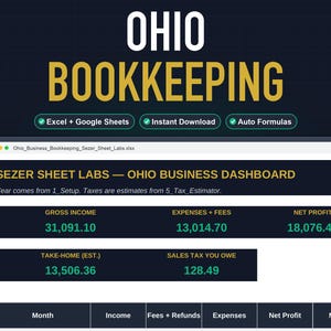 Ohio Bookkeeping Spreadsheet for Small Business, OH Sales Tax Tracker, LLC Expense Template, Schedule C, Excel Google Sheets