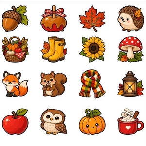 Peut inclure: Une collection de seize autocollants sur le thème de l'automne comprenant un gland, une pomme d'amour, une feuille d'érable, un hérisson, un panier de récolte, des bottes de pluie jaunes, un tournesol, un champignon, un renard, un écureuil, une écharpe à carreaux, une lanterne, une pomme rouge, un hibou, une citrouille et une tasse de cacao.