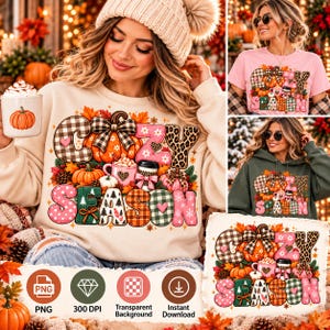 Peut inclure: Un sweat-shirt beige avec un motif graphique portant l'inscription "COZY SEASON" en grandes lettres à motifs. Le design comprend des citrouilles, une tasse à café, un gobelet, des pommes de pin et des feuilles d'automne aux tons orange, rose et marron.